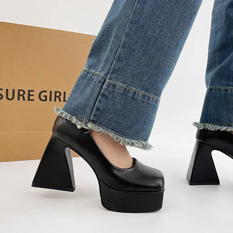 Futurecen  -  Spring New Women Mary Jane Pumps Ladies Platform Chunky High Heel Black Shoes Female Retro Elegant Dress Shoes Mujer Zapatos