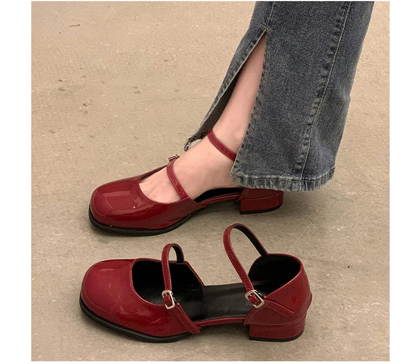 Futurecen New Mary Jane Shoes Buckle Pumps Women Thick Heels Elegant Shallow Square Toe Footwear Party Office Lady Leather Shoes