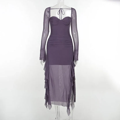 binfenxie Purple Mature Sexy Beautiful Confident Elegant Graceful Women'S Translucent Thin Straight Dress