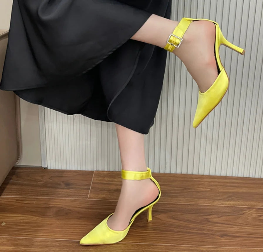 Futurecen  -  Women Pumps Satin Silk Ankle Strap Heels D'orsay Stilettos Yellow Purple Office Lady Work Prom Shoes Plus Size 41