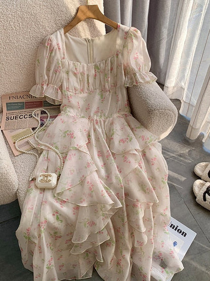 French Elegant Women Floral Dress Chiffon Evening Party Dress Fairy One Piece Dress Ruffles Patchwork Woman Vestidos