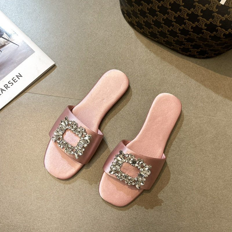 Summer New Square Rhinestones Satin Flat Slippers for Women Shoes Fashion Slides Comfort Light Sandals Female Silk Sandalia