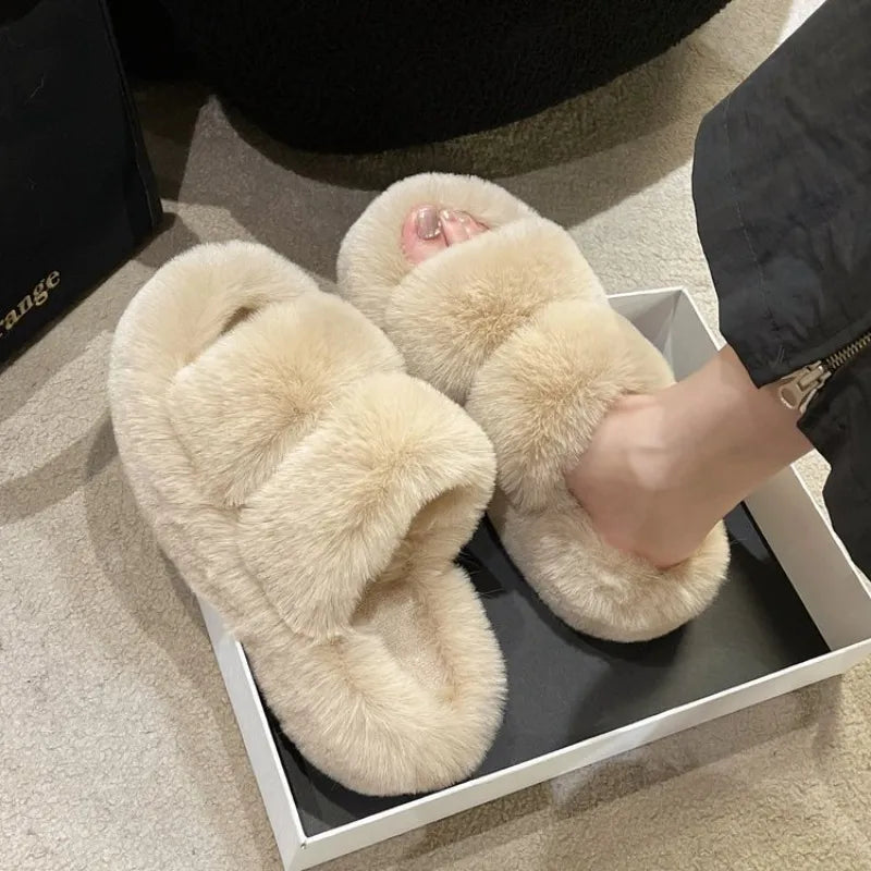 Women Thicken Plush Fur Slippers Winter Slip on Chunky Platform Loafers Mules Woman Thick Bottom Cotton Slippers Flip Flops