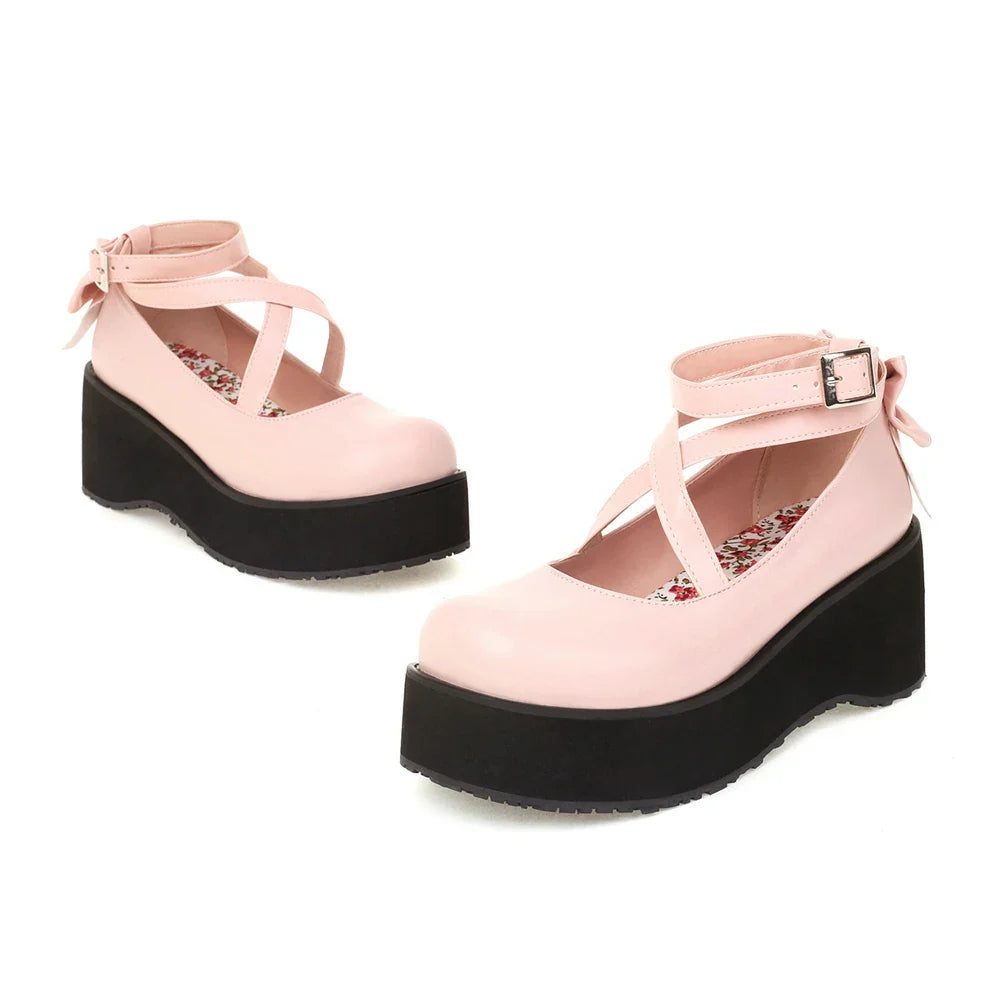 Futurecen Bowknot Lolita Shoes Platform Heels Women Pumps Japanese School JK Uniform Fashion Girl Rear Bow Tie Thick Sole Mary Jane Buckle