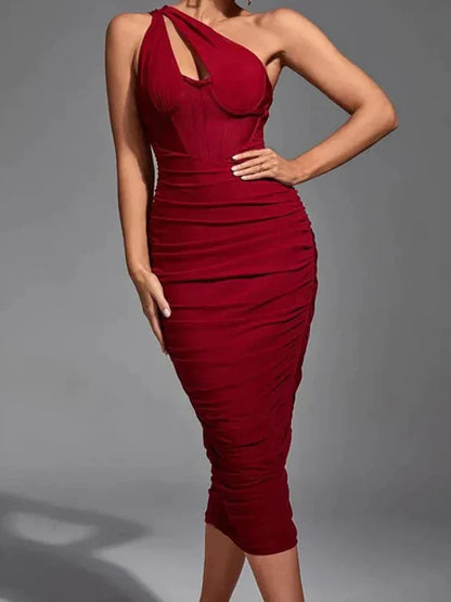 Elegant One Shoulder Ruched Midi Dress For Women Club Party Outfits Summer New Sleeveless Backless Bodycon Long Dress