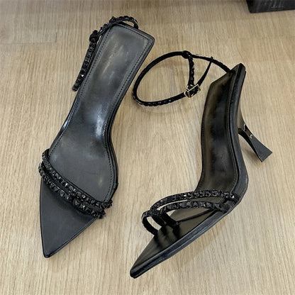 Summer Sexy Crystal Narrow Band Buckle Strap Women Sandals Pointed Toe  High Heels Banquet Party Shoes Zapatillas