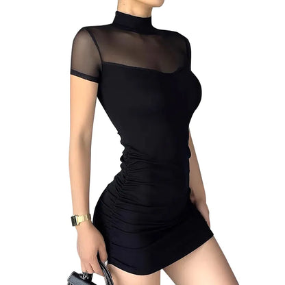 binfenxie Mock Neck Y2k Bodycon Mini Dresses Gothic Women Mesh Patchwork Sheer Party Dress