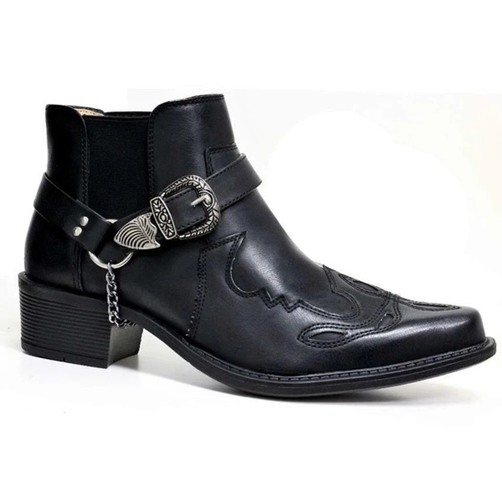 New Style Short Boots Fashion Personality Belt Buckle Thick Heel Pointed 45 short Boots Men's Boots Shoes for Men  Men Shoes