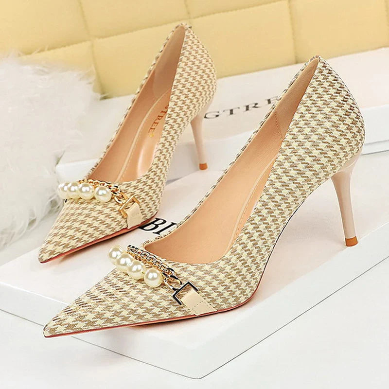 Shoes  Spring Women Pumps Pearl Metal Chain High-heels Checked Grain Stilettos Women Heels Luxury Banquet Shoes 43