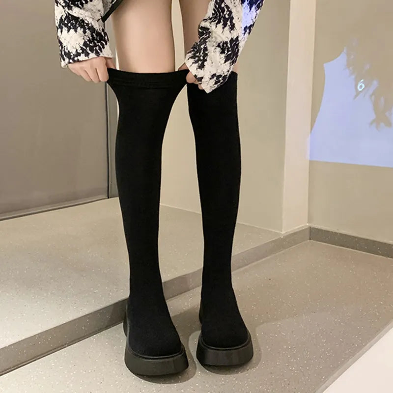 Autumn Winter Women Platform Over The Knee Boots Ladies Stretch Knitted Socks Long Boots Slip-On Thick Bottom Shoes Woman