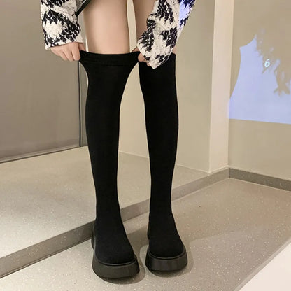 Autumn Winter Women Platform Over The Knee Boots Ladies Stretch Knitted Socks Long Boots Slip-On Thick Bottom Shoes Woman