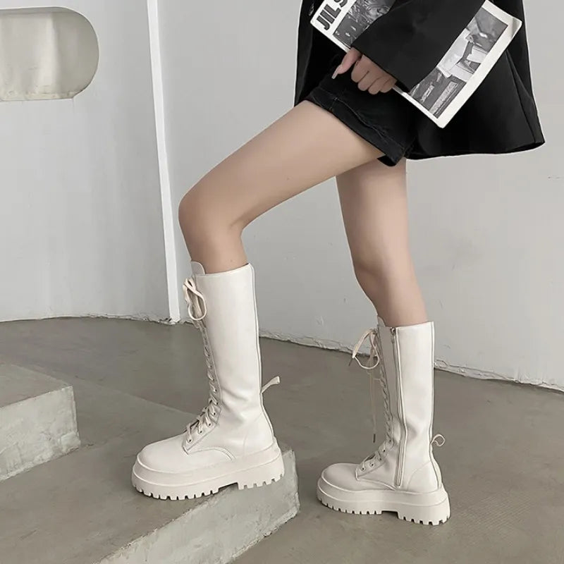 New Women Motorcycle Knee-high Boots Woman Fashion Thick Sole Platform Flats Heels Zipper Botas Femininas Long Booties