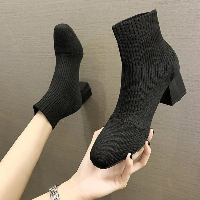 Booties Elastic Footwear White Heeled Very High Heels Short Shoes For Women Sock Female Ankle Boots With Young On Sale New In Pu