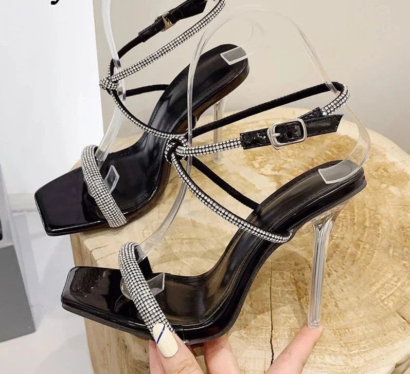 New Fashion Square Toe Women Sandals Summer Sexy Crystal High Heels Buckle Strap Stripper Party Ladies Shoes