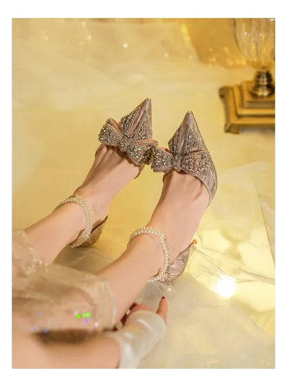 Luxury Pointed Toe Women Rhinestone Butterfly Pearl Gold High Heels Silver High Heel Sandals Party Wedding Shoes Plus Size