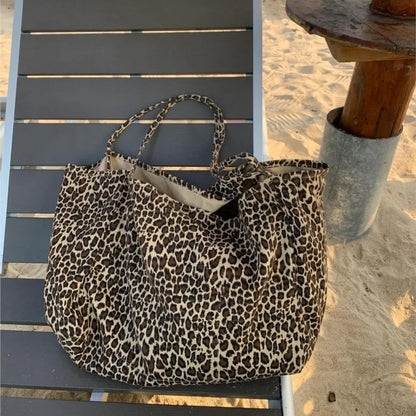 binfenxie Vintage Leopard Print Tote Bag Handbag Women Retro Large Capacity Casual Shoulder Bags Female Harajuku Canvas Y2k Bags