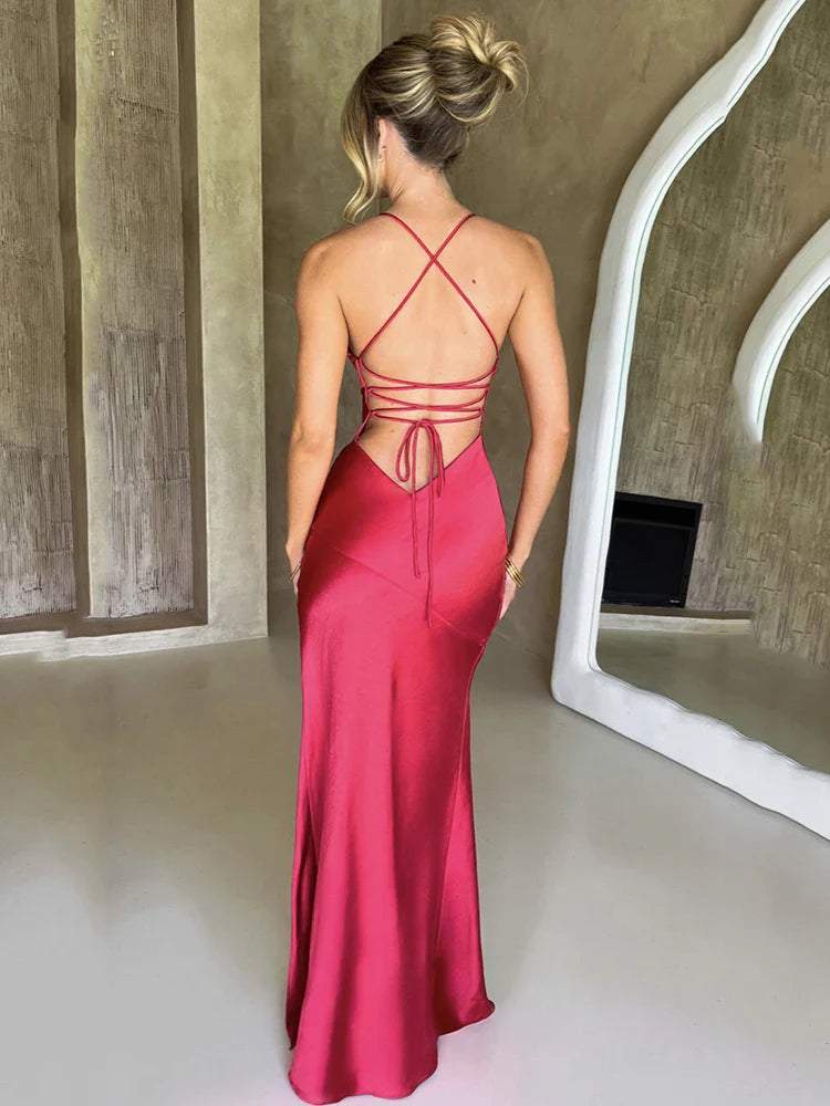 Sexy Strapless Satin Maxi Dress Women Open Back High Slit Slim Dress Women Spring Summer Elegant Party Club Vestidos