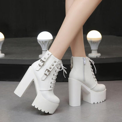 Women Black White Ankle Boots 14cm Super High Heels Square Heels Boots Zip Rivet Insole Sexy Women Boots verclo