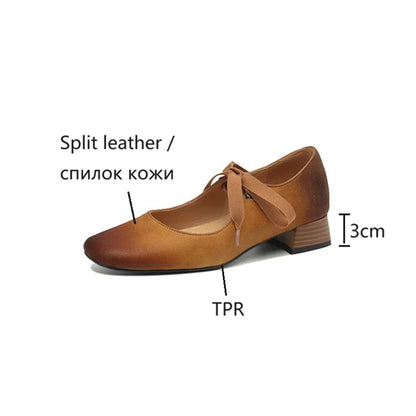 Futurecen  -  NEW Spring Women Pumps Split Leather Shoes for Women Square Toe Low Heel Pumps Retro Brown Mary Janes Shoes Lace-up Women Shoes