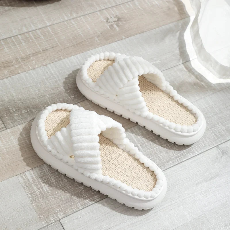 New Women Home Slippers Autumn Winter Open-Toe Cross Band Linen Soled Indoor Slides Linen Soled Non-Slip Bathroom Slippers