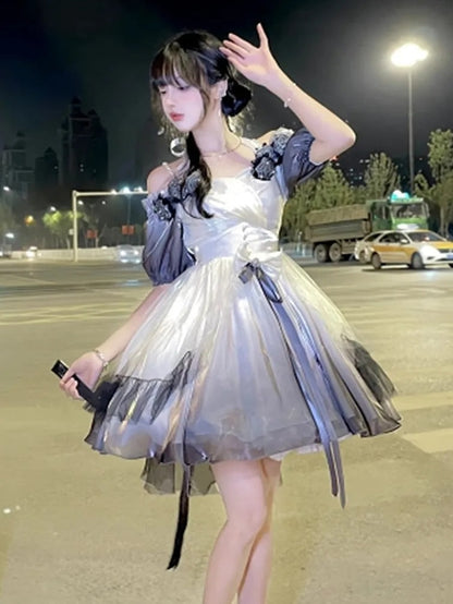 Lolita Dress For Grils Kawaii Bow Lace White Cascading Ruffl  Fairy Dresses JSK Straps Birthday Party Quinceanera Dresses Suit