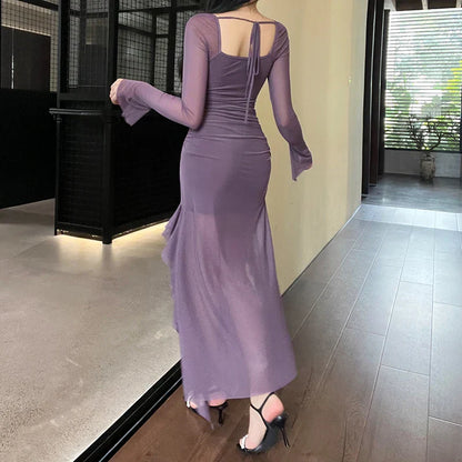 binfenxie Purple Mature Sexy Beautiful Confident Elegant Graceful Women'S Translucent Thin Straight Dress