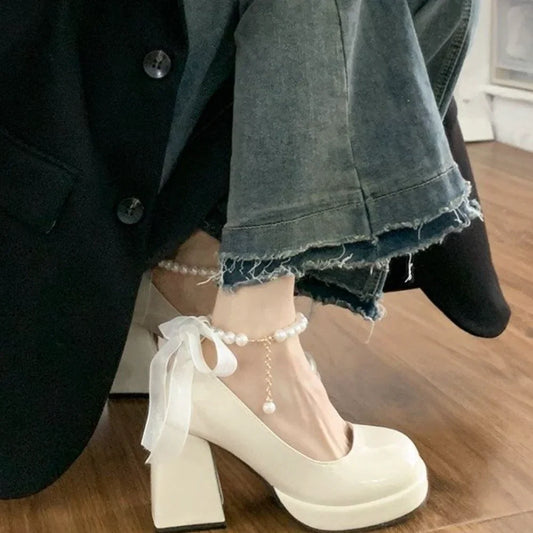 Lolita Shoes Women Japanese Mary Jane Heeled Shoes Women Retro Pearl Bow Ankle Strap High Heel Platform Shoes Chaussure Femme