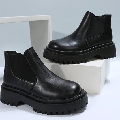 Chunky Pu Leather Chelsea Boots for Women Fashion Slip On Platform Ankle Booties Woman Black Thick Bottom Short Boots