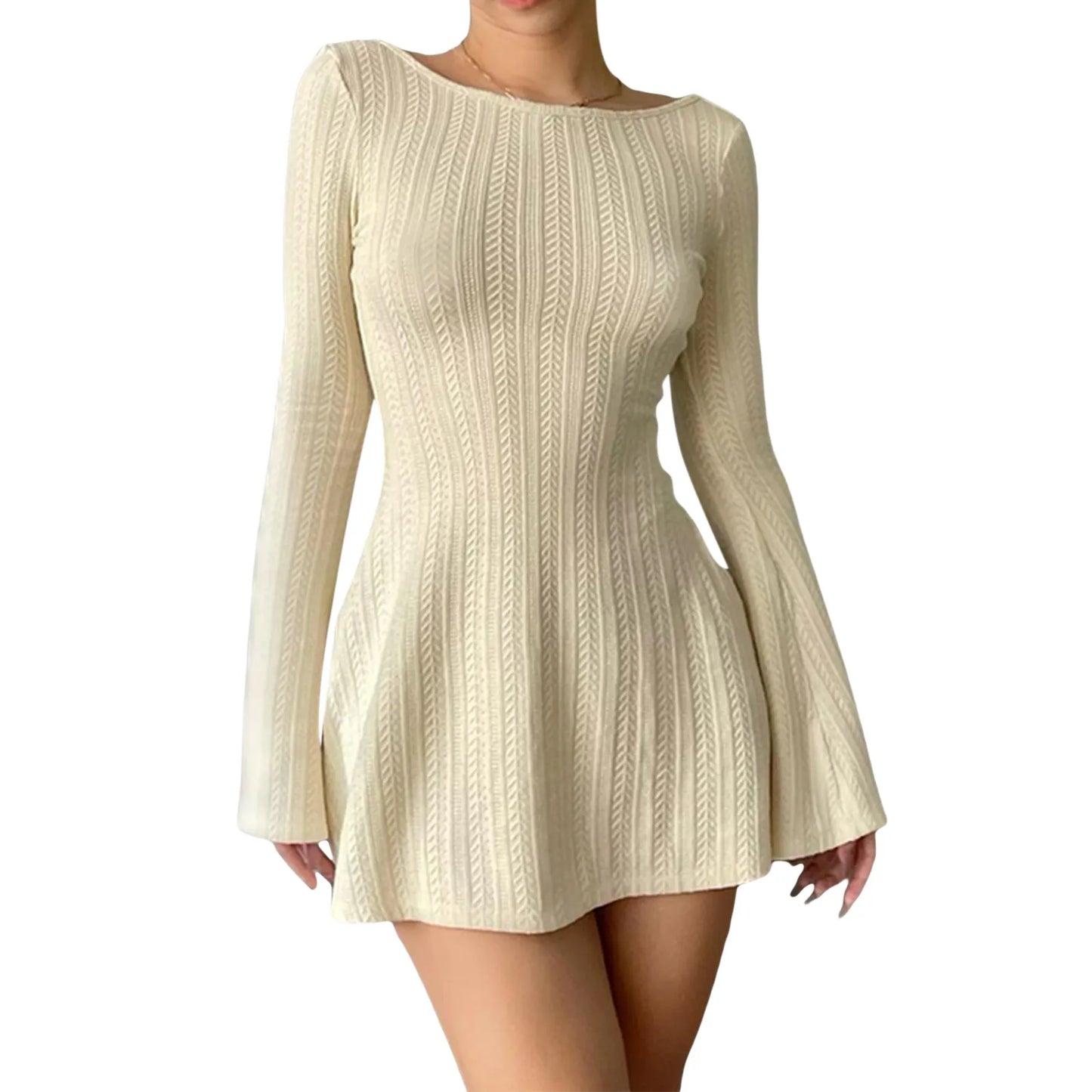 binfenxie Solid Color Ribbed Knit Sweater Dress with A-Line Swing Silhouette - Casual Long Sleeve Crewneck Bodycon Short Dress