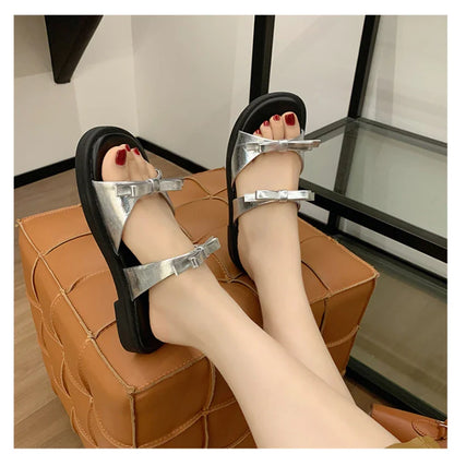 Summer Square-heeled Women's Shoes Double Bow Non-slip Slippers Open-toe Strappy Sandals Zapatos De Mujer