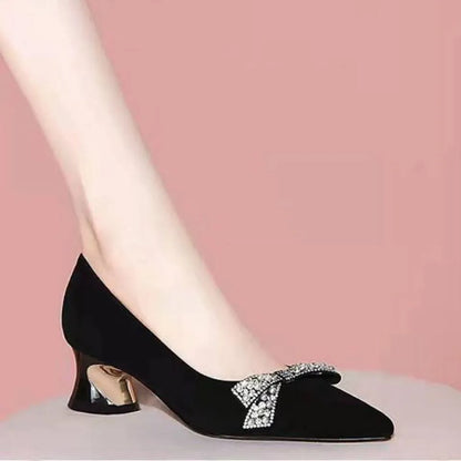 Women's Summer Footwear Diamond Shoes for Woman Evening with Bow Black Pointed Toe Rhinestone Crystals Medium Heels Fashion