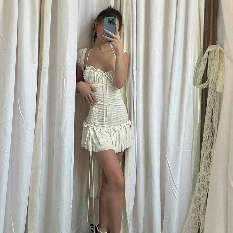 Vitnage Draped White Mini Dress Y2K Fairycore Shirring Ruffles Sundress Retro Spaghetti Strap Dress Chic Women French Romantic