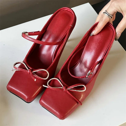 binfenxie  New Design Bowknot Square Toe Women Pumps Sexy Buckle Strap Thin High Heels Banquet Prom Mule Slippers Shoes