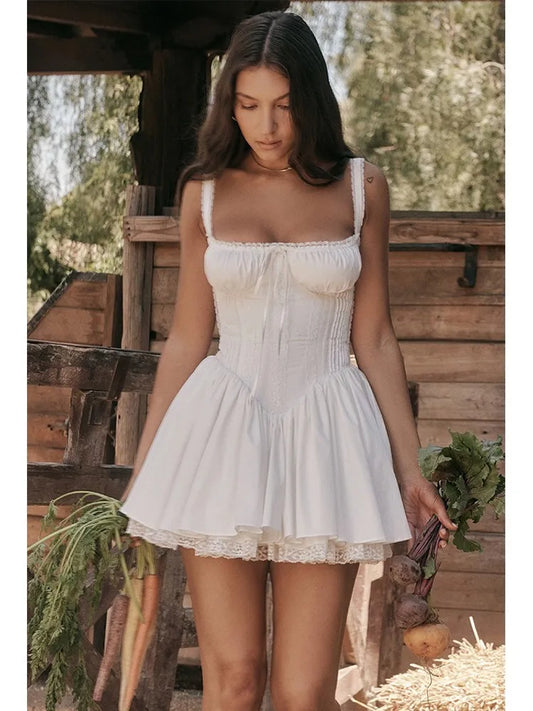 White Backless Bandage Lace Hem Mini Dress Women Sweet Chest Wrap Suspenders Pleated A-line Dresses Summer Lady Solid Vestidos