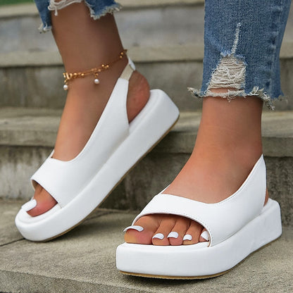 White PU Leather Platform Sandals Women Casual Back Strap Flat Sandals Woman Summer Open Toe Non Slip Beach Shoes Plus Size