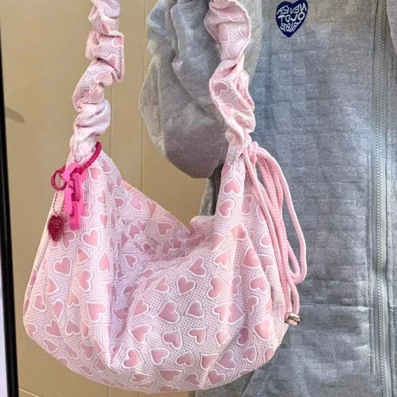 binfenxie Fashion Cute Women Shoulder Bag Heart Printed Korean Style Pink Handbag New Casual Large Capacity Pleated Crossbody Bag