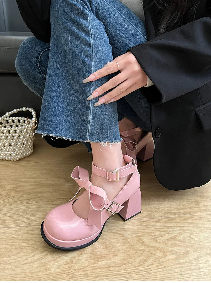 Futurecen Spring Lolita Women's Mary Jane Shoes Fashion Shallow Thick High Heels Pumps Ladies Elegant Buckle Single Shoes