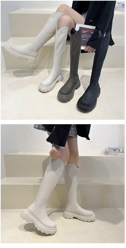 Brand Women's Shoes Autumn Boots Zipper Boots-Women Round Toe Flat Heel Fashion Mid Calf 2022 Ladies Lolita Over-the-Knee Med Fa