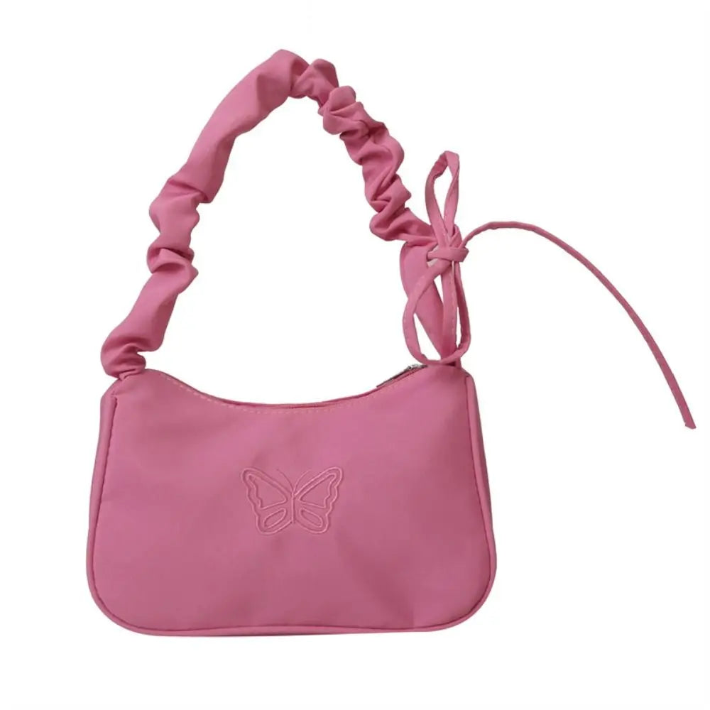 binfenxie Embroidery Bowknot Butterfly Shoulder Bag Y2k Style Ruffle Handle Nylon Bow Tote Bag Makeup Lipstick Bag Handbag