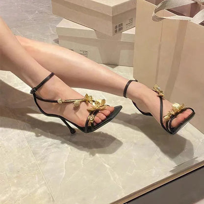 binfenxie Star style Metal Flowers Women Sandals Sexy Narrow band Stiletto High heels Gladiator Sandals Summer Fashion Party Prom Shoes