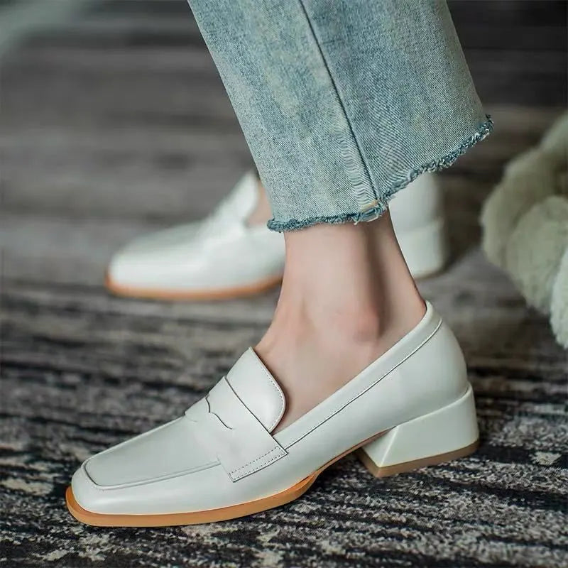 Shoes for Woman Low Heel Elegant Women's Summer Footwear Black Loafers Normal Leather Casual Square Toe with Discount Chic