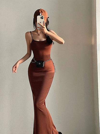 Vintage Sexy Slim Fit Slim Wrap Hip Fishtail Strap Dress Floor Sweeping Long Dress High Quality Fashion Vestidos Elegantes Robe