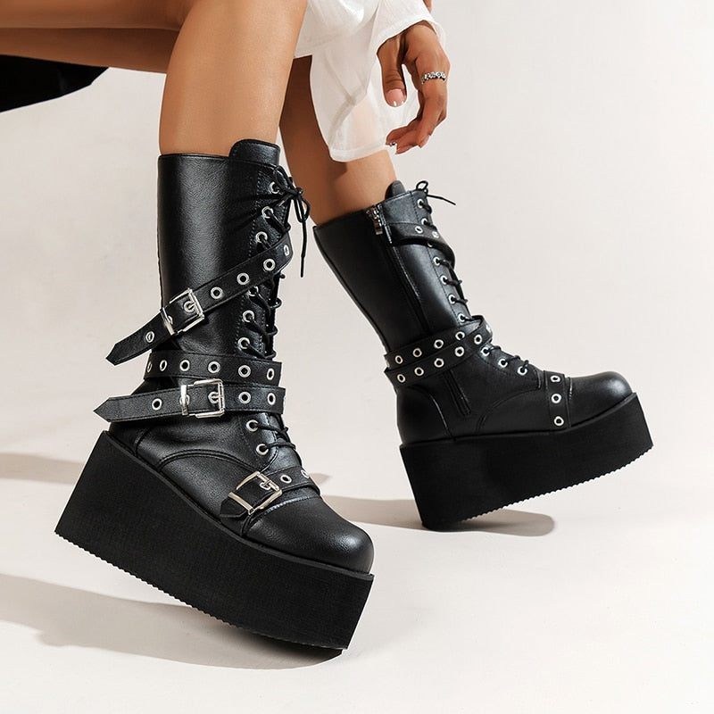 Punk Metal Buckle Platfom Ankle Boots Women  Autumn PU Leather Chunky Heels Gothic Shoes Woman Thick Bottom Motorcycle Botas