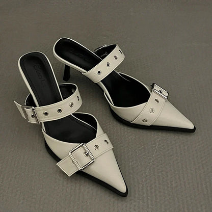 Punk Goth Metal Buckle High Heels Sandals Women Summer Pointed Toe Silver Party Shoes Woman Korean Style Thin Heels Sandals