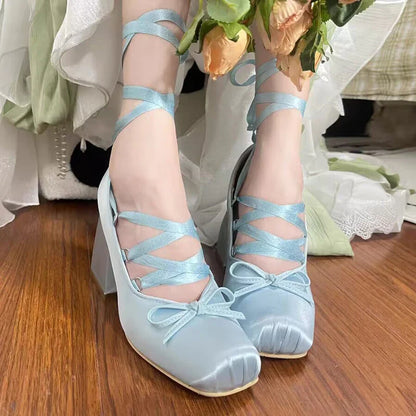 Futurecen Pink Silk Cross-strap Ballet Shoes Sweet Girl Square Toe High Heels Women Pumps Elegant Ladies Bowknot Lace Up Lolita Shoes New