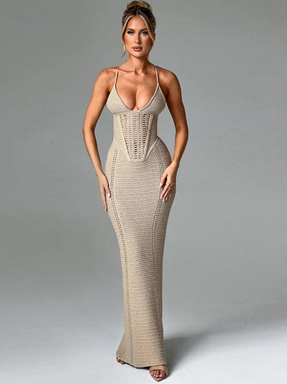 Hollow Out Backless Knit Dress For Women Spaghetti Strap Bandage Sleeveless Bodycon Club Party Sexy Long Dress Elegant