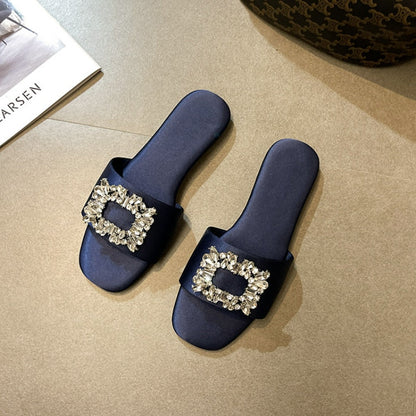 Summer New Square Rhinestones Satin Flat Slippers for Women Shoes Fashion Slides Comfort Light Sandals Female Silk Sandalia