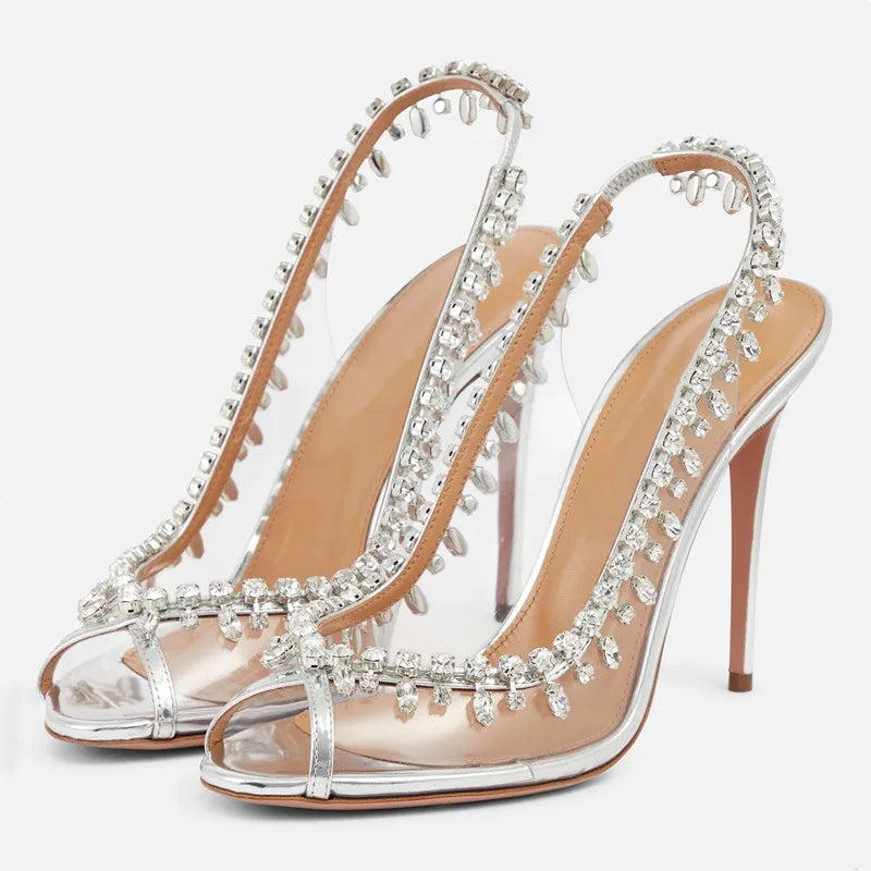 Futurecen Sexy Peep toe Transparent PVC Women Pumps Luxury Crystal Tassel Slingbacks thin High heels Spring Summer Wedding Party Shoes