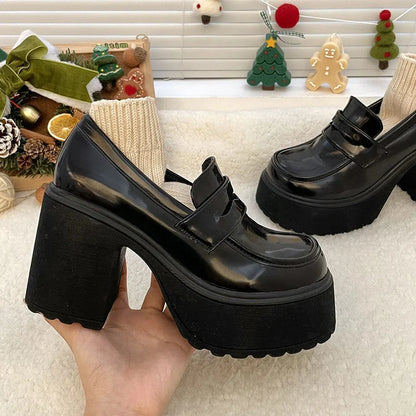 Pu Leather Women's Platform Loafers Gothic Black Chunky High Heels Pumps Woman Preppy Style Jk Uniform Shoes Mujer