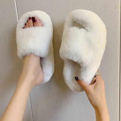 New Summer Fur Chunky Slippers Women Fashion Open Toe Platform Flats Heels 7cm Female Summer Comfort Beach Slides Shoes